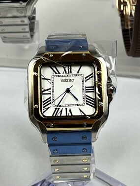 Luxury Two Tone Square Watch White Dial Roman Numerals Blue Hands Santos Style